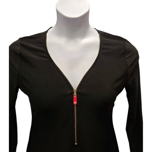 Chaus New York Womens Small Black Zip V Neck Blouse Roll Tab Sleeve Jersey Knit - Picture 2 of 6